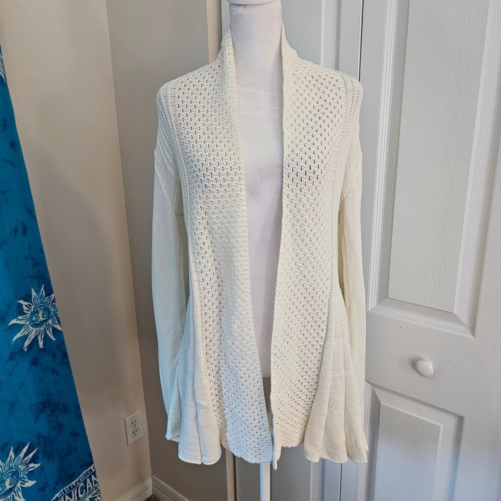 Cache M Cream Open Knit Cardigan Sweater Shawl Collar Flare Hem Cotton Blend